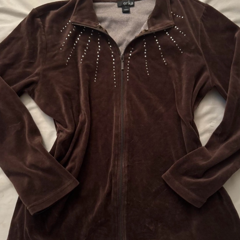 Vintage Erika jacket Brown Velvet Zip Up with Rhinestone detailing